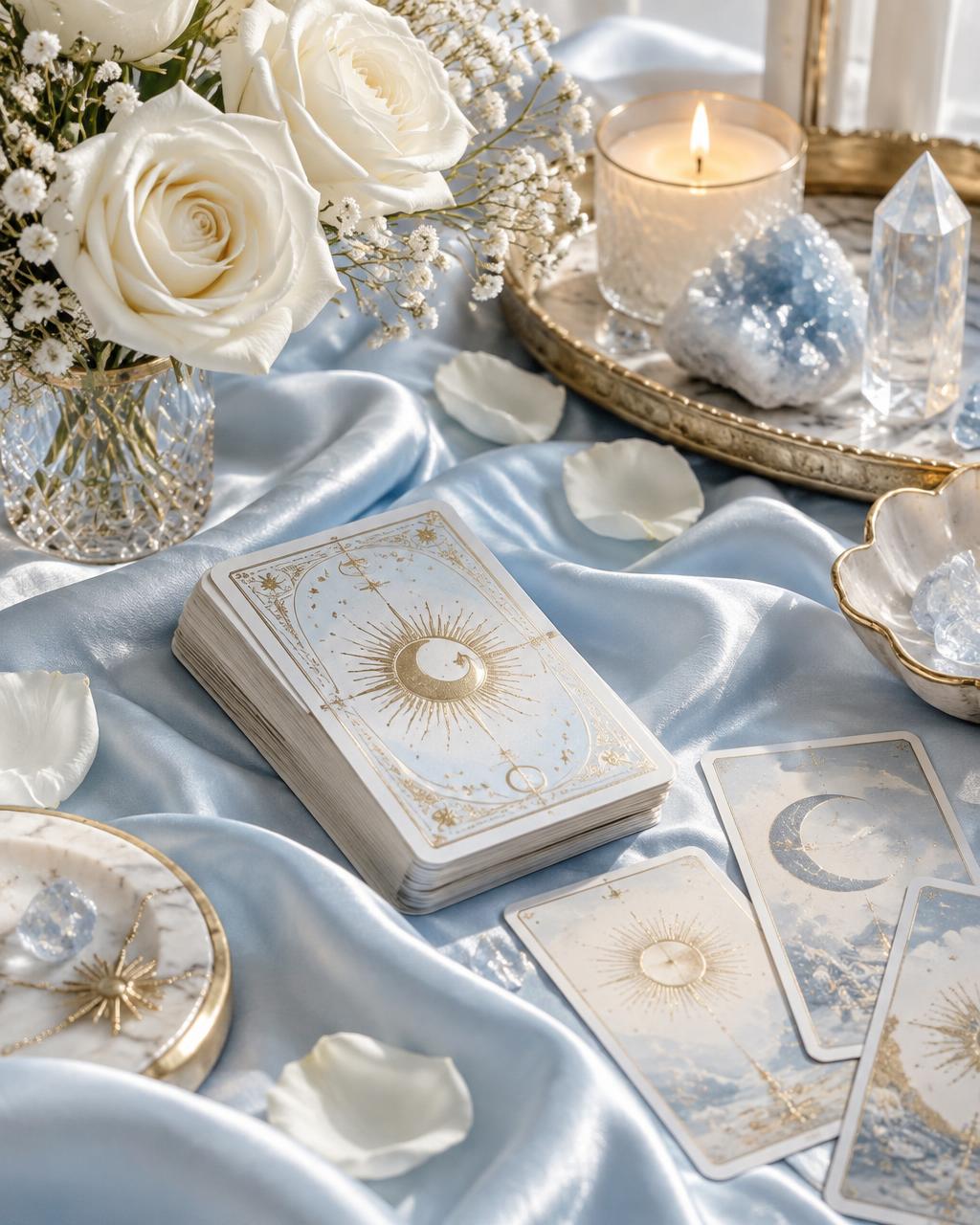 Cartas de tarô em tecido azul-claro com rosas, cristais e vela